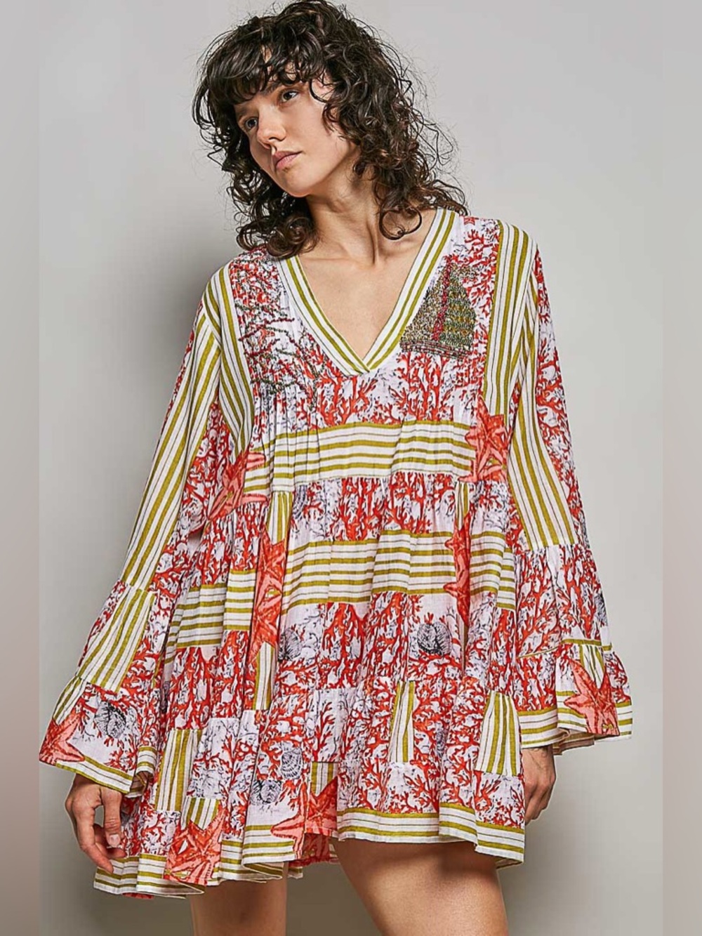 POL Striped Floral Long Sleeve Mini Dress with Pintuck Detail